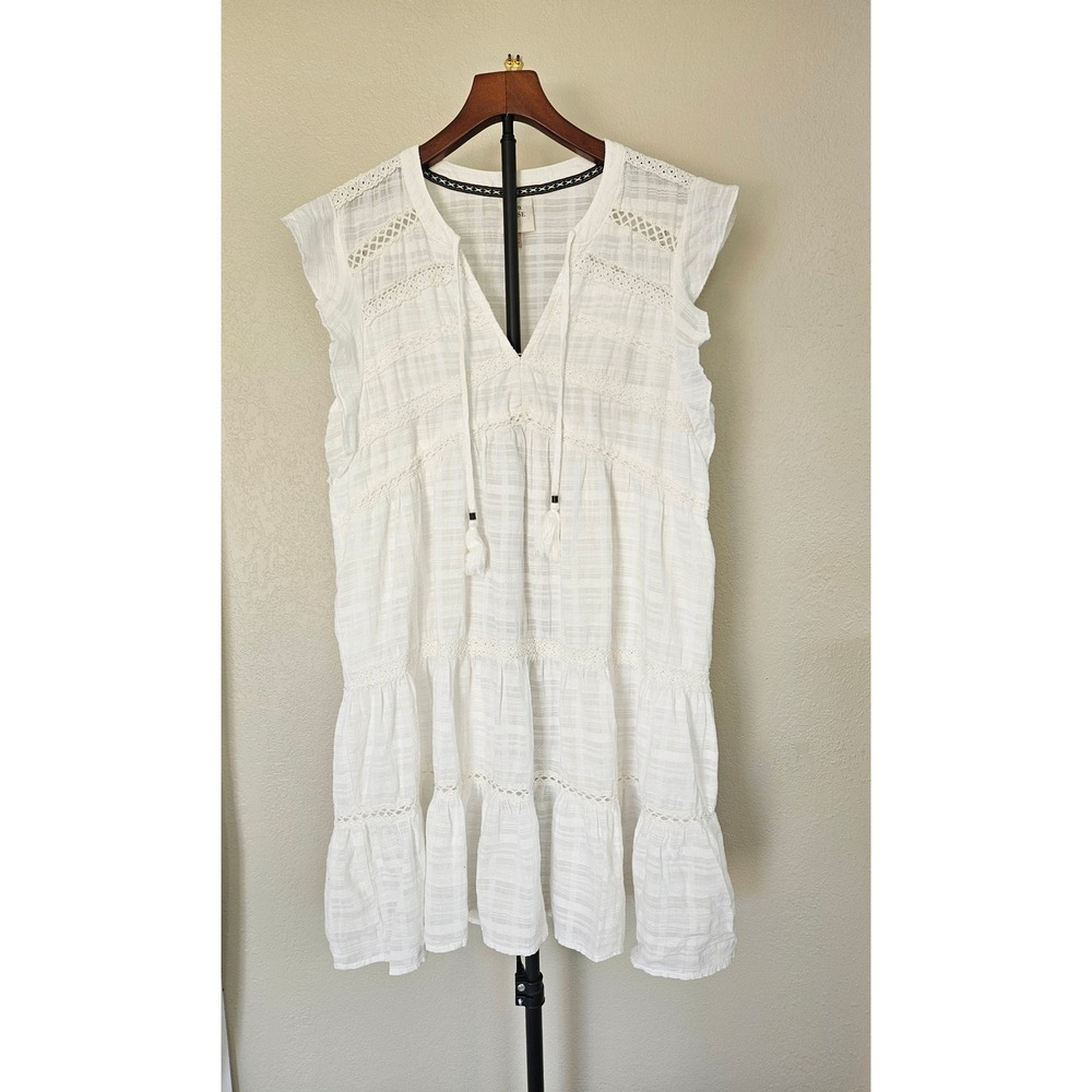Boho Tiered Dress Womens XXL White Crochet Lace Mini Cotton Gauze Airy Coastal